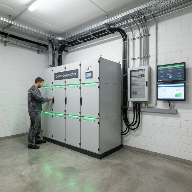 LFP Gewerbespeicher Installation im Technikraum eines Mehrfamilienhauses — Monitoring und Steuerung
