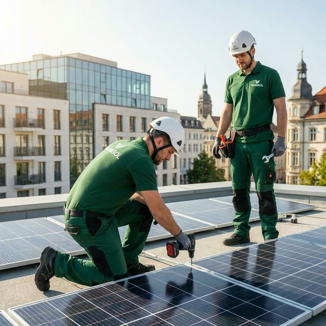 VerdaSOL Techniker bei PV-Installation auf Mehrfamilienhaus-Dach in Augsburg